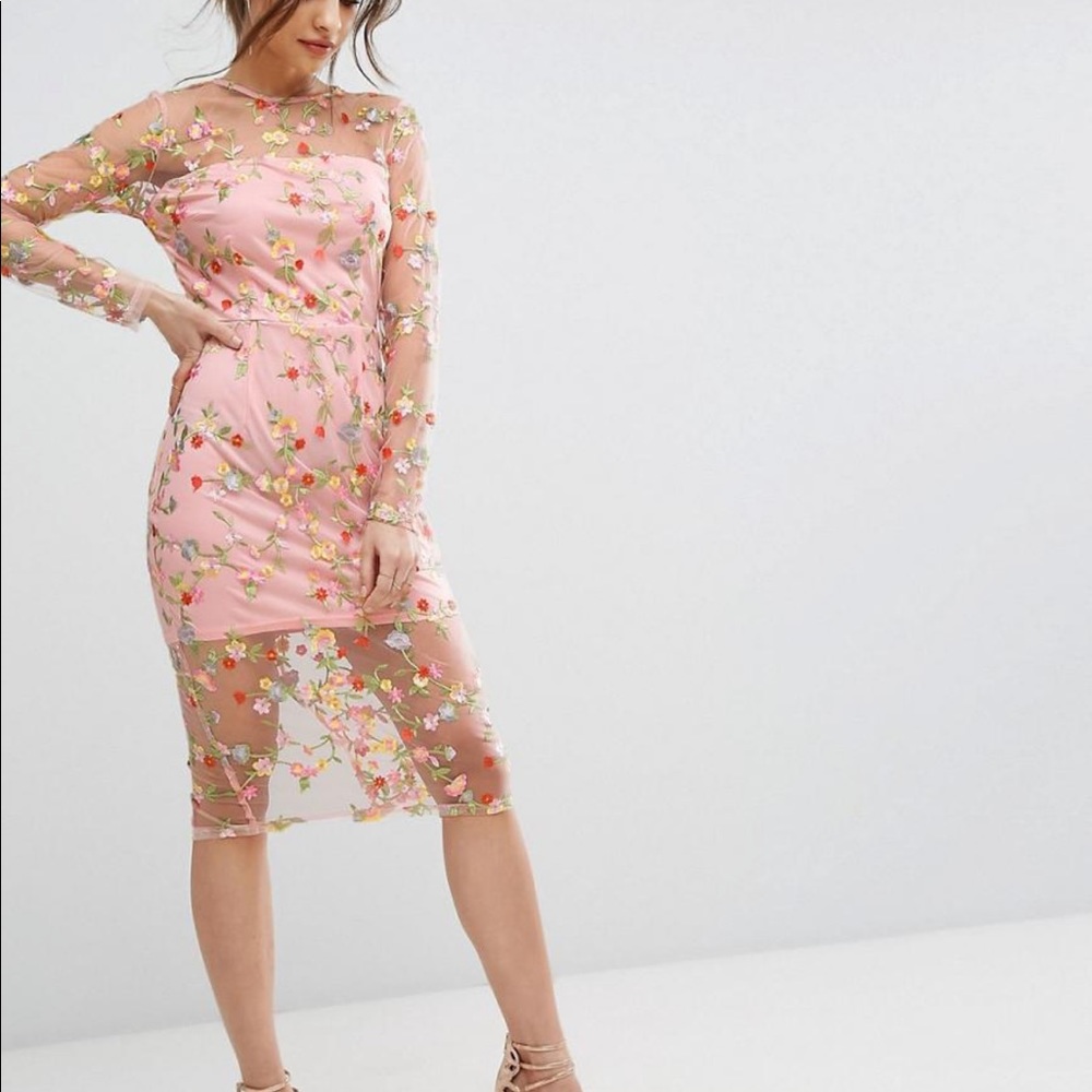 PrettyLittleThing embroidered sheer midi dress size 4